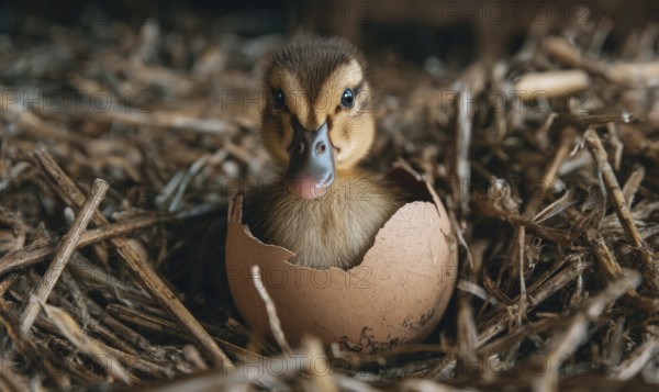 A baby duck is sitting in an eggshell. The eggshell is cracked open and the duck is peeking out. AI