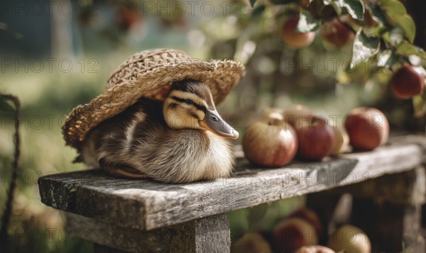 A duck wearing a straw hat is laying on a bench next to a pile of apples. The scene is peaceful and