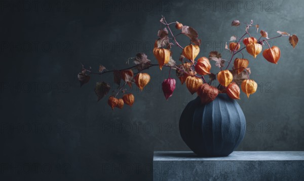 A vase of orange and yellow flowers sits on a table. The flowers are arranged in a way that creates