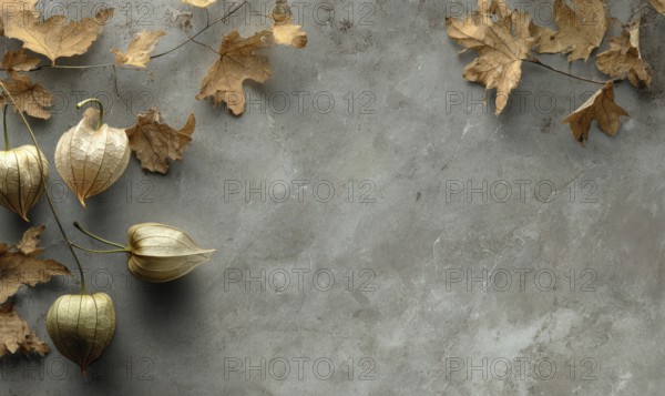 A grey background with a bunch of leaves on it. The leaves are brown and scattered around the