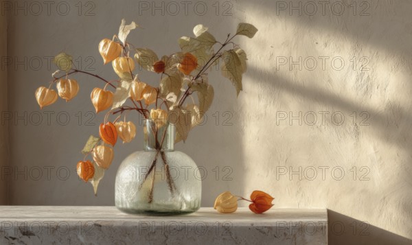 A vase of flowers sits on a table, with a few leaves scattered around it. The vase is filled with