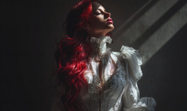 A woman with red hair and a white dress is standing in front of a window. The image has a moody and