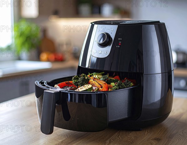Air fryer with grilled vegetables, wooden table in the kitchen, healthy eating, healthy vegetarian