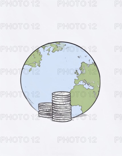 Green earth globe with silver coin stack symbolizing global finance economy and sustainable growth,