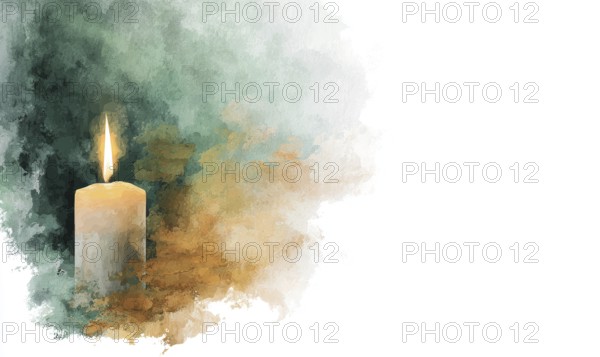 A candle is lit in a painting with a green background. The candle is the main focus of the