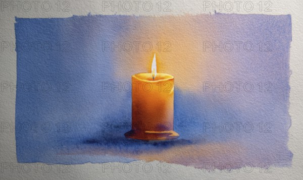 A candle is lit in a painting of a blue background. The candle is the main focus of the painting,