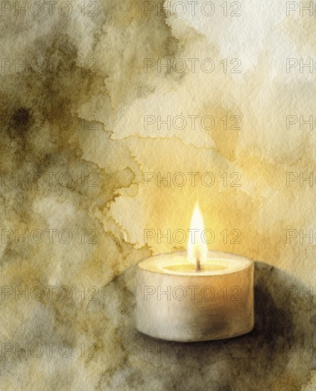 A candle is lit in a painting with a yellowish background. The candle is the main focus of the