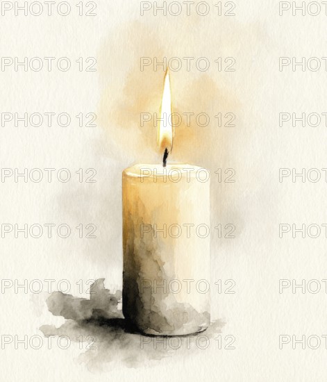 A candle is lit and the flame is yellow. The candle is in a painting and the painting is in