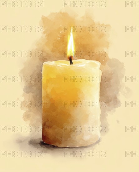 A candle is lit and is sitting on a table. The candle is yellow and the flame is small. The image