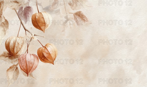 A painting of a branch with orange flowers on it. The flowers are small and clustered together. The
