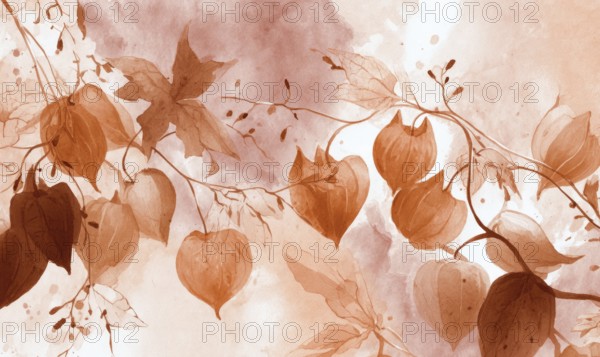 A painting of a tree with leaves and flowers in a pinkish orange color. The painting has a warm and