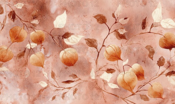 A painting of a tree with orange leaves and orange flowers. The painting has a warm and inviting