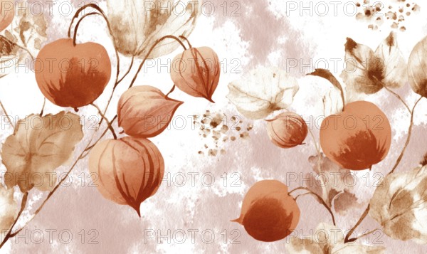 A painting of a bunch of orange flowers with leaves. The flowers are in various sizes and are