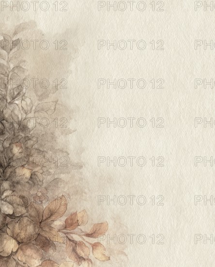 A watercolor painting of a tree with leaves and branches. The leaves are brown and the branches are