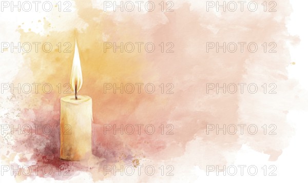 A candle is lit on a table with a pink background. The candle is the main focus of the image, and