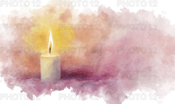 A candle is lit in a painting with a pink background. The painting has a warm and calming mood,