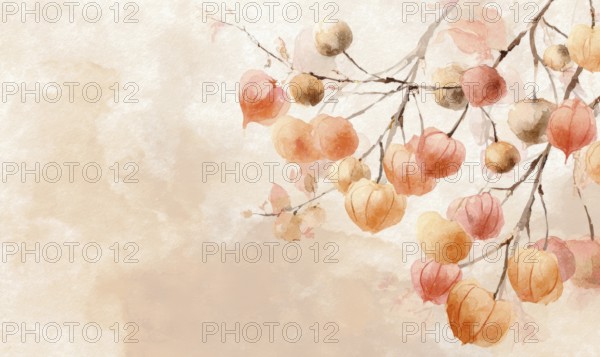 A painting of a tree with orange and red fruit hanging from it. The painting has a warm, inviting