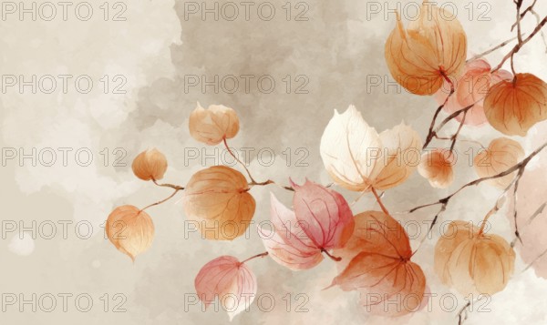 A watercolor painting of a tree branch with orange leaves. The painting has a serene and peaceful