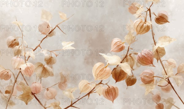 A painting of a branch with orange flowers on it. The painting has a warm and inviting mood. The