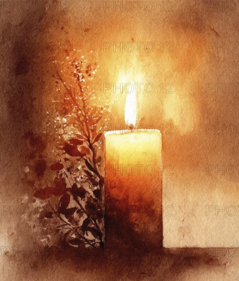 A candle is lit in a painting with a dark background. The candle is surrounded by flowers, which