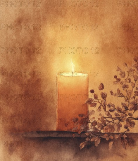 A candle is lit in a painting with a warm, orange background. The candle is the main focus of the
