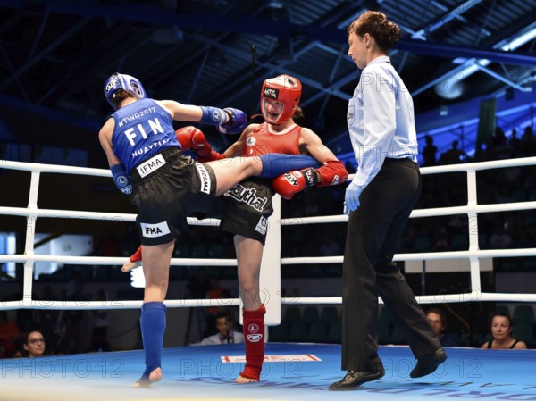 WROCLAW, POLAND - JULY 29, 2017: Muaythai fight during the The World Games 2017. Women fight up to