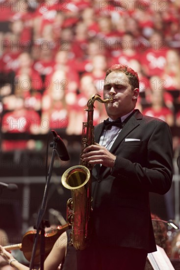 WROCLAW, POLAND - JULY 23, 2016: Saxophonist during concert Singing Europe. The concert is part of