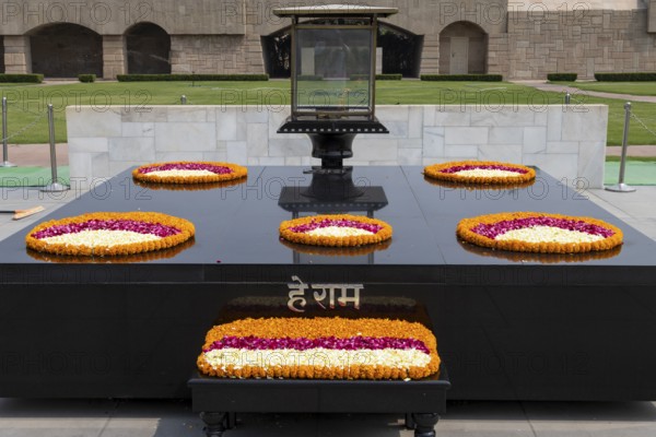 Black marble memorial at Raj Ghat in Delhi, dedicated to Mahatma Gandhi, Mohandas Karamchand