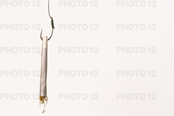 Rolled cigarette on a fishing hook, symbolizing the dangers of tobacco addiction and the lure of