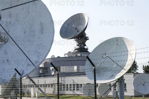 Radar antenna on satellite links center, telecommunication tower, wireless communication concept,