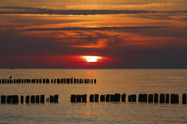 A serene sunset over the sea with wooden groynes and an orange sky, creating a peaceful atmosphere.
