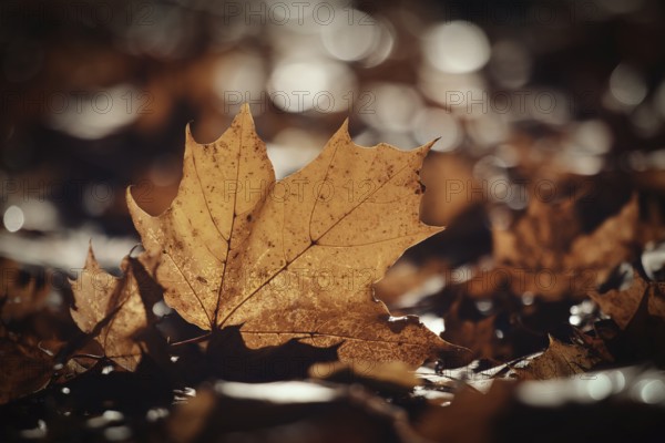 A close-up of a brown autumn leaf on a sunlit forest floor with a soft bokeh background. Poland,