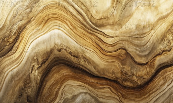 Swirling wood grain with wavy patterns in golden brown creating an elegant flow. AI generated