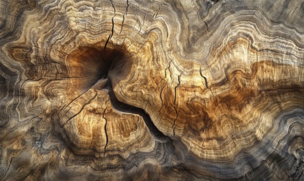 Close-up of wood texture showing intricate tree rings and natural patterns in earthy tones. AI