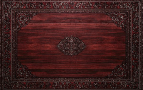 A wooden table with a red rug underneath it. The rug has a design on it. The table is empty AI