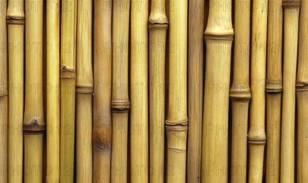 A row of bamboo sticks are shown in a close up. The sticks are brown and appear to be weathered.