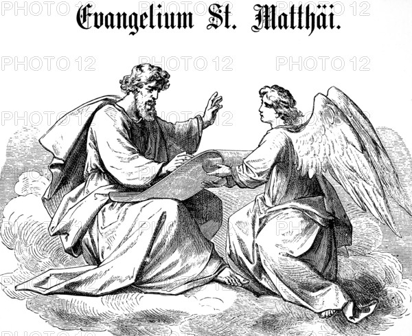 Introductory picture to the Gospel of Matthew, chapter 1, God, angel, scroll, pen, writing, New