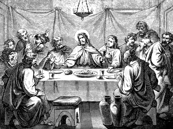 The last meal of Jesus with his disciples, truly one will betray me, woman with glass of water,