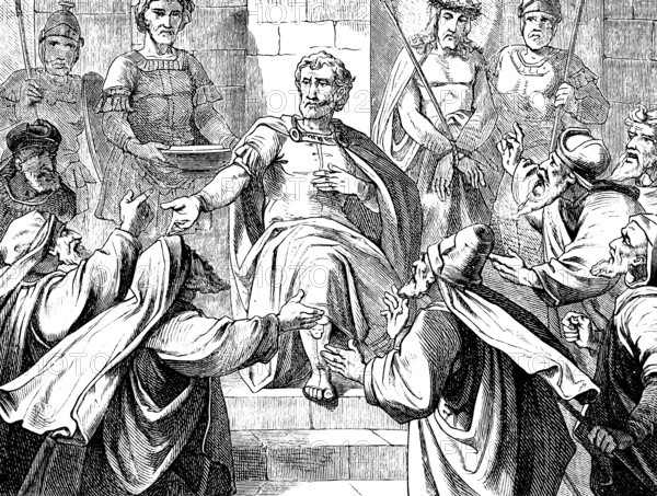 The governor Pilate in the judgment seat, the people demand Jesus crucifixion, Jesus bound with