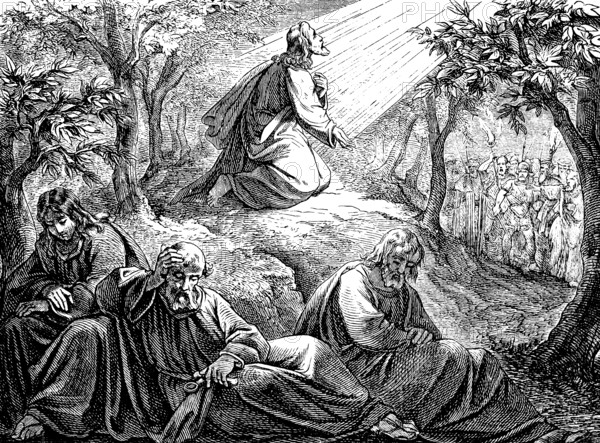 Judas with armed warriors, battle at court Sethesemane, sit down, I go and pray, Gospel Matthew,