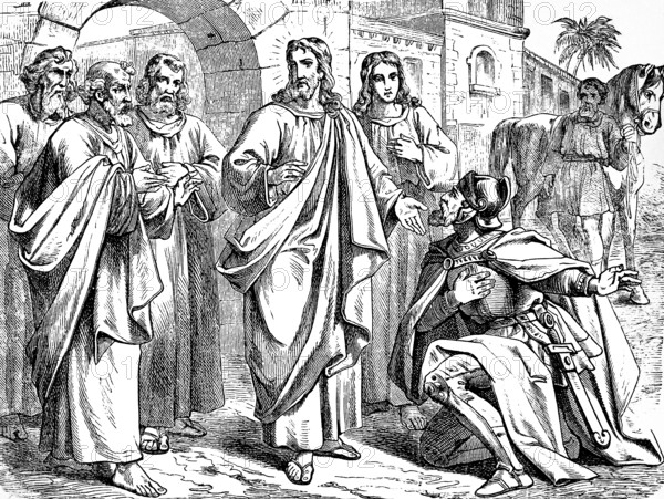 The captain at Capernaum kneels and speaks to Jesus, Gospel of Matthew, chapter 8, halo, servant,