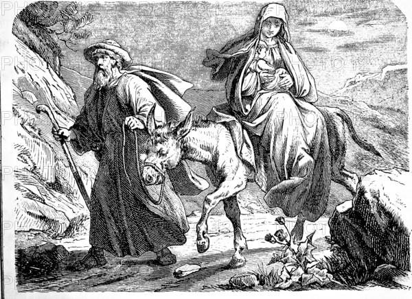 Mary and Joseph flee to Egypt with baby Jesus, donkey, horse riding, mountain landscape, walking