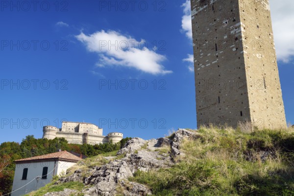 Fortress round towers, medieval fortress, San Leo fortress, Torre Civica, San Leo, Emilia-Romagna,