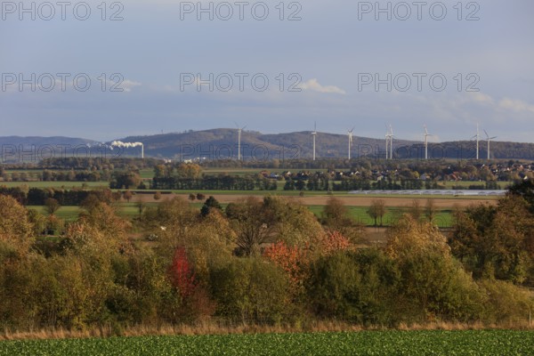 View towards Hildesheim with Nordzucker sugar factory, wind turbines, Lüdersen mountain village,