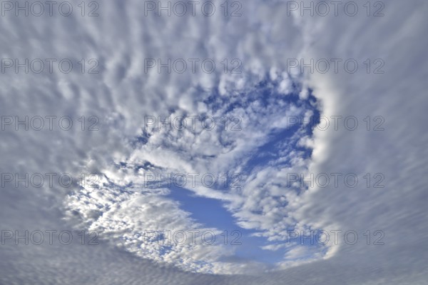 Heart-shaped hole in low-lying closed cloud cover provides a view of the blue sky with sheep