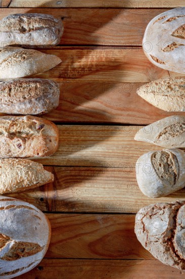 Various types of fresh artisanal bread, including baguettes and round loaves, arranged on a rustic