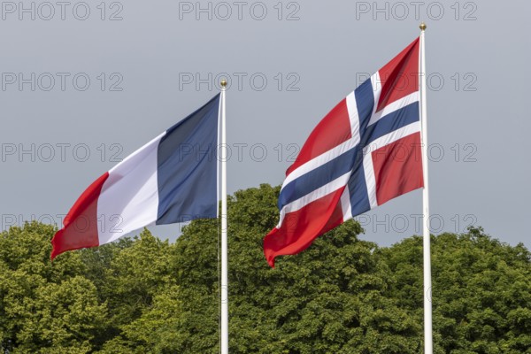 The national flag of Norway and the flag of France hoisted at the Palace Square in Oslo for the