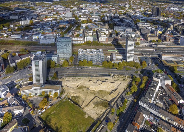 Aerial view, Essen Campus construction site at the main train station, innogy SE, Fakt Tower, DB