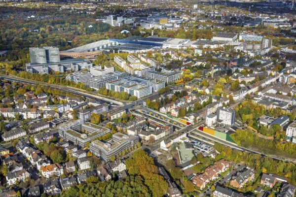Aerial view, Messe Essen site, general overview, eon company headquarters, Messeallee, Bredeney,