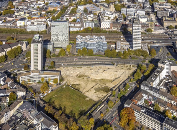 Aerial view, Essen Campus construction site at the main train station, innogy SE, Fakt Tower, DB